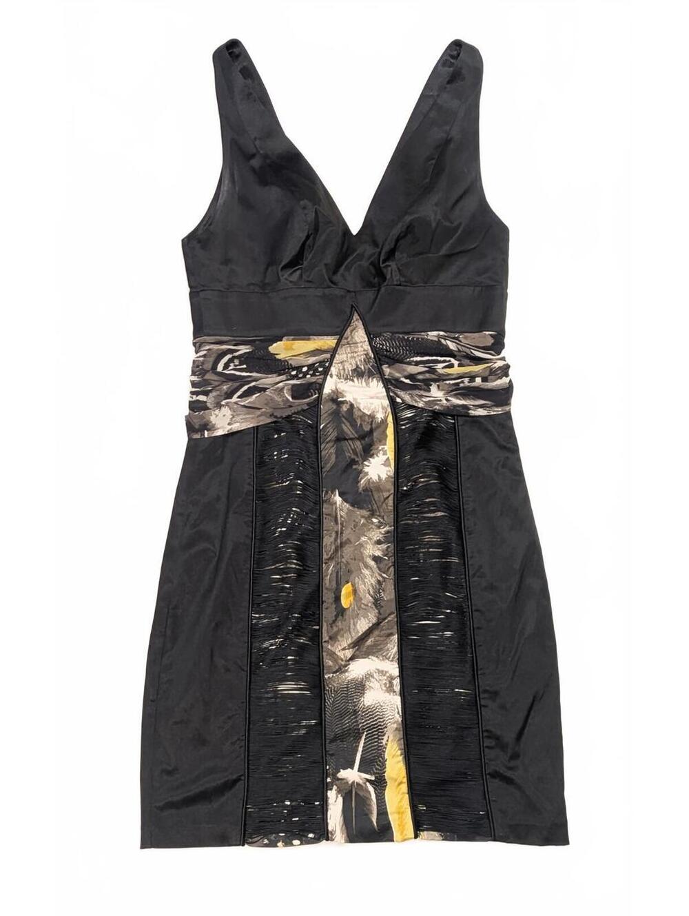 Bebe Black Satin Silk Dress Fringe Yellow White Accents Small Cotton Silk Blend